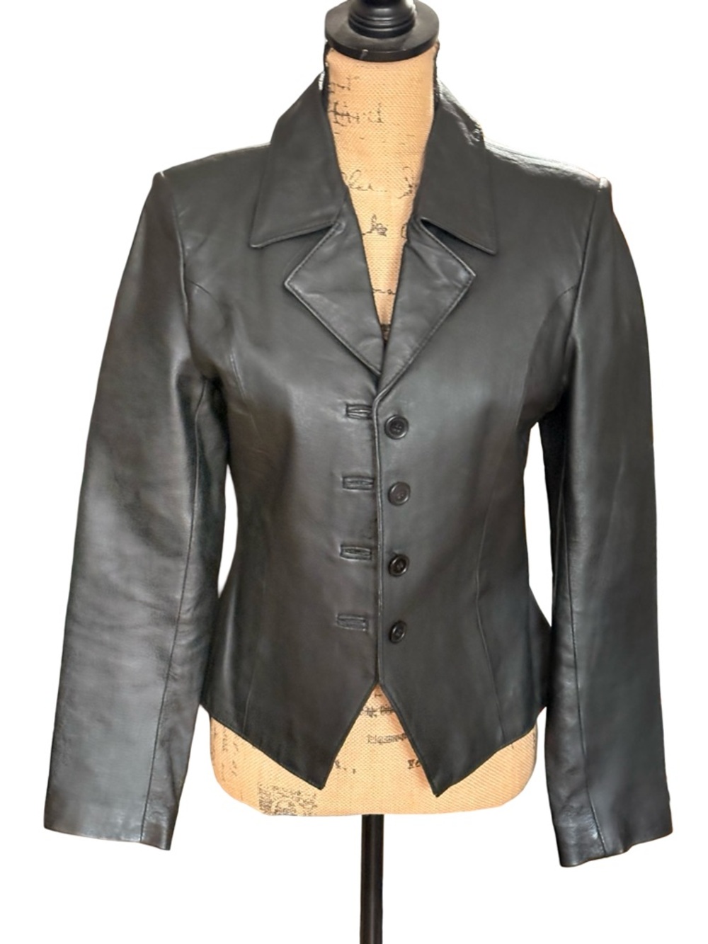 Vintage 90s Santa Fe Black Leather Tailored Button Jacket for Women size Small